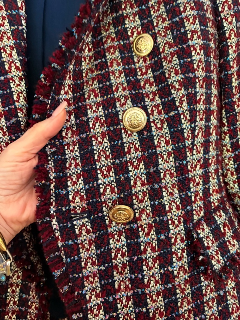 Tahari Burgundy Multi Tweed Fringe Double-BreastedRed/Burgundy Blazer - Picture 3 of 9